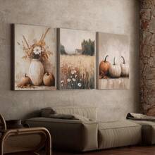 3pcs Canvas Wall Art, Framed Wall Decor, Neutral Vintage Autumn Pumpkin Wildflower Farm Canvas Wall Art, Popular Pastoral Style Autumn Watercolor Poster, Unframed Country Harvest Wall Art, Suitable For Modern Home Decor, Room Decor - Autumn Farmhouse - View 9