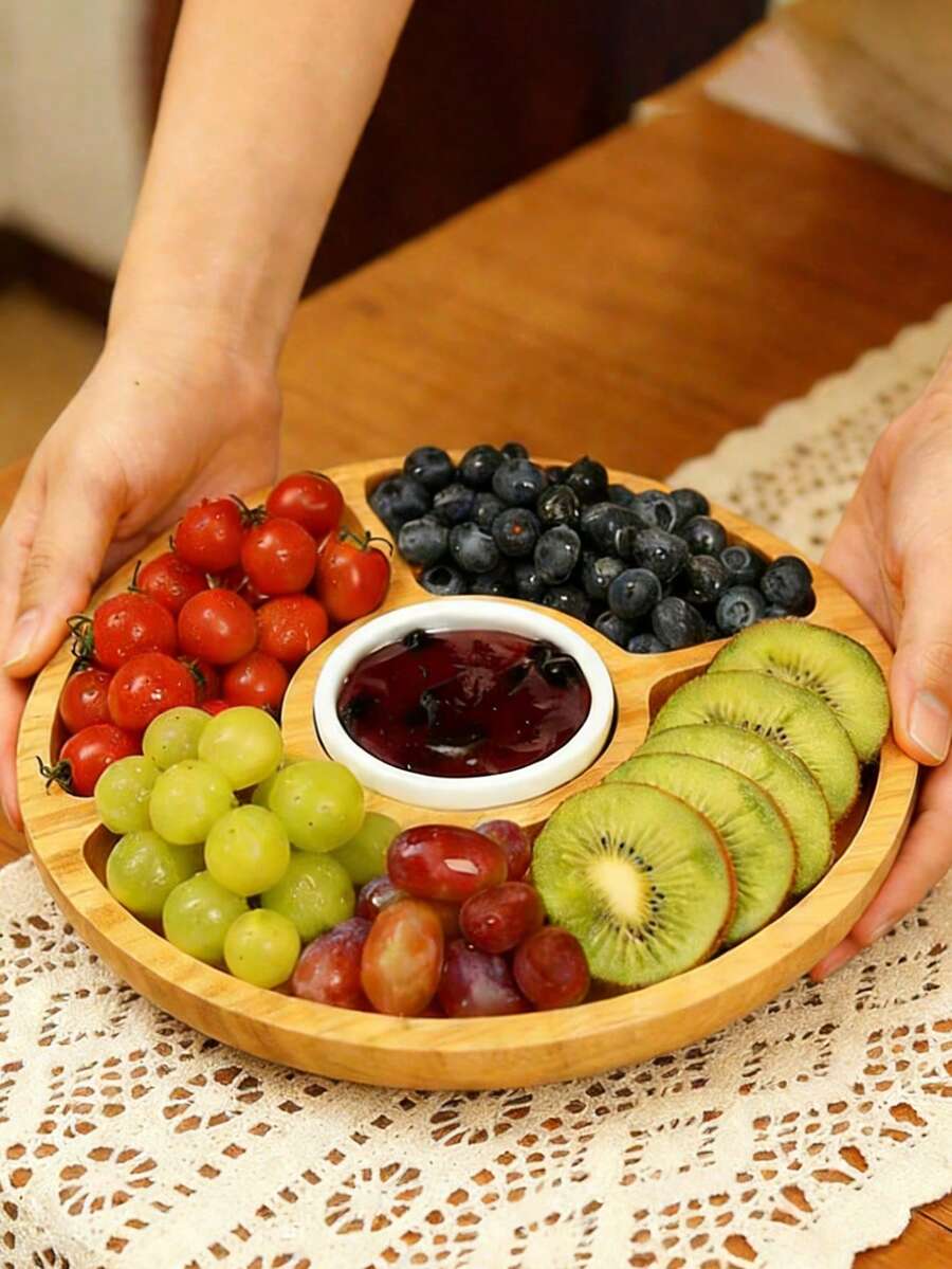 1pc Five-Compartment Round Wooden Tray,Divided Serving Tray, Round Wood Serving Board,Used For Snacks,Dried Fruits,Tea,Suitable For Home,Hotel,Restaurant,Wedding Party,Kitchen,Table Decoration, Wooden Snack Platter Five Compartment Partition