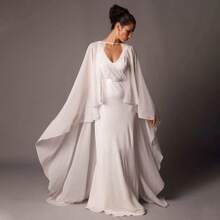 New Solid Color Chiffon Flowy Long Cape Shawl For Bride Bridesmaid Dress Cover Up - Black - View 4