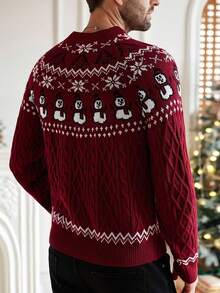 Christmas Snowman Vintage Style Round Neck Cable Knit Sweater - Red - View 3