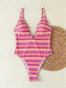 Ladies' Pink & Black Vertical Stripe Deep V Bikini One-Piece Swimwear, Backless Beach Vacation Hot Girl Swimwear For 2026 Spring & Summer - Multicolor - View 5