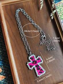 1 buah Kalung Salib Motif Leopard Bulu Kuda Berwarna-warni Rantai Antik dengan Liontin Salib Berhiaskan Berlian Imitasi, Perhiasan Rantai Leher Berlapis Gaya Barat untuk Wanita - kalung - View 2