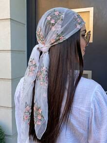 1pc Women's Summer Embroidered Vintage Style Thin Gauze Headscarf, Classic Silk Scarf Headwrap, Outdoor Travel Bohemian Style Head Accessory - White - View 2