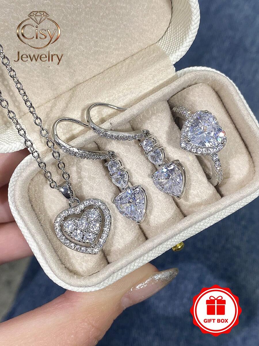 1套4件裝奢華立方鋯石戒指、項鍊、耳環禮盒組，女性婚禮週年禮物 - 1# - 查看 1