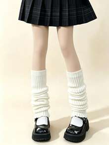 1/2 Pairs Girls Black & White Knitted Leg Warmers, Solid Color Vertical Stripe Ruffle Leg Leg Warmers, Elastic Calf Leg Warmers, Suitable For Matching With Skirts, All Seasons - Multicolor - View 5