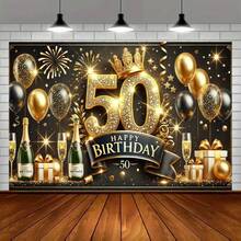1pc Luxury 50th Birthday Celebration Banner, Durable Polyester, Gold And Black Theme With Fireworks And Champagne Design, Perfect For Party, Home And Garden - Multicolor - View 2