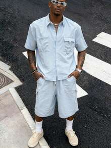 Men's Casual Summer Light Blue Utility Shirt AndBermuda Shorts Set, Fresh Outfit - Baby Blue - View 3