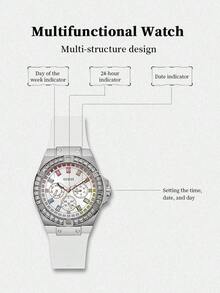 Jam Tangan Fashion Wanita GUESS Gaya Sporty Sehari-hari, Baja Tahan Karat Perak dengan Dekorasi Kristal dan Tali Silikon, Dial Multifungsi GW0541L1 - Putih - View 5