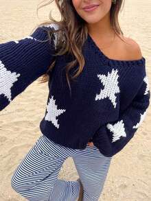 Sweater Lengan Panjang Leher V Motif Bintang Lima Warna Biru Gaya Kampus Fashion Jalanan Y2K Kasual Longgar - Royal Blue - View 4