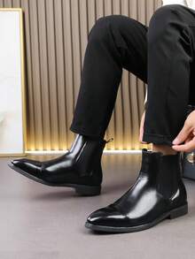 Men's Chelsea Boots High-Top British Style Black Pointed Toe Leather Shoes Boots Mid-Calf Ankle Boots - Black - View 7