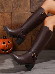 WTKMRSSTEP Women's Autumn/Winter Retro Metal Buckle Knight Tall Boots, Chunky Heel, Side Zipper, Daily Commute High Boots - Coffee Brown - View 2
