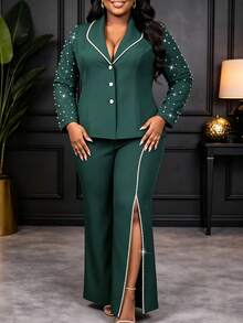Luxury Plus Size Green 2 Pieces Set, Pearl Embellished Blazer, Long Sleeve, Slit Wide Leg Pants, Elegant Business Office, Formal Occasion, Autumn Outfit - Dark Green - View 1
