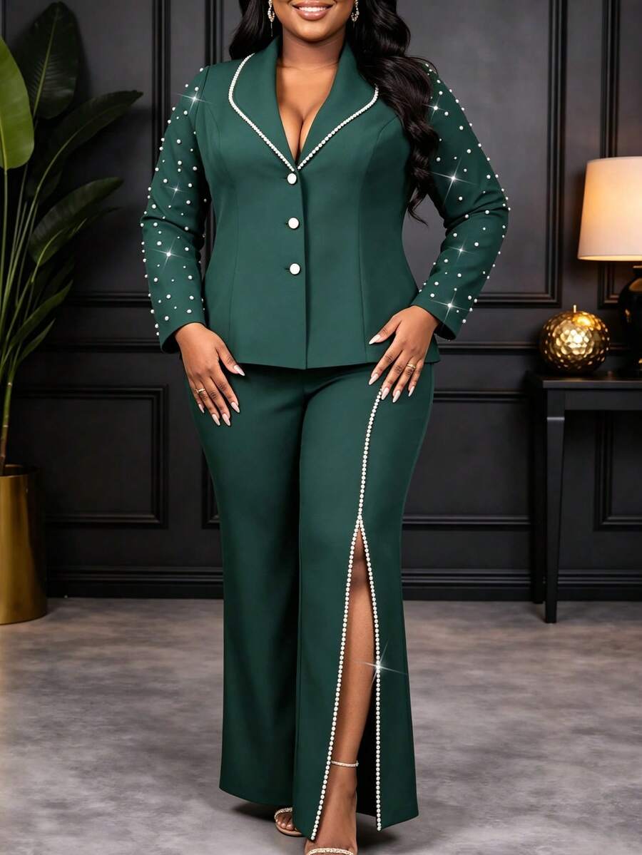 Luxury Plus Size Green 2 Pieces Set, Pearl Embellished Blazer, Long Sleeve, Slit Wide Leg Pants, Elegant Business Office, Formal Occasion, Autumn Outfit - Dark Green - View 1