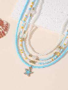 4pcs/Set Girls Rice Bead Pearl Heart & Starfish Necklace Set, Suitable For Daily Decoration - Baby Blue - View 4