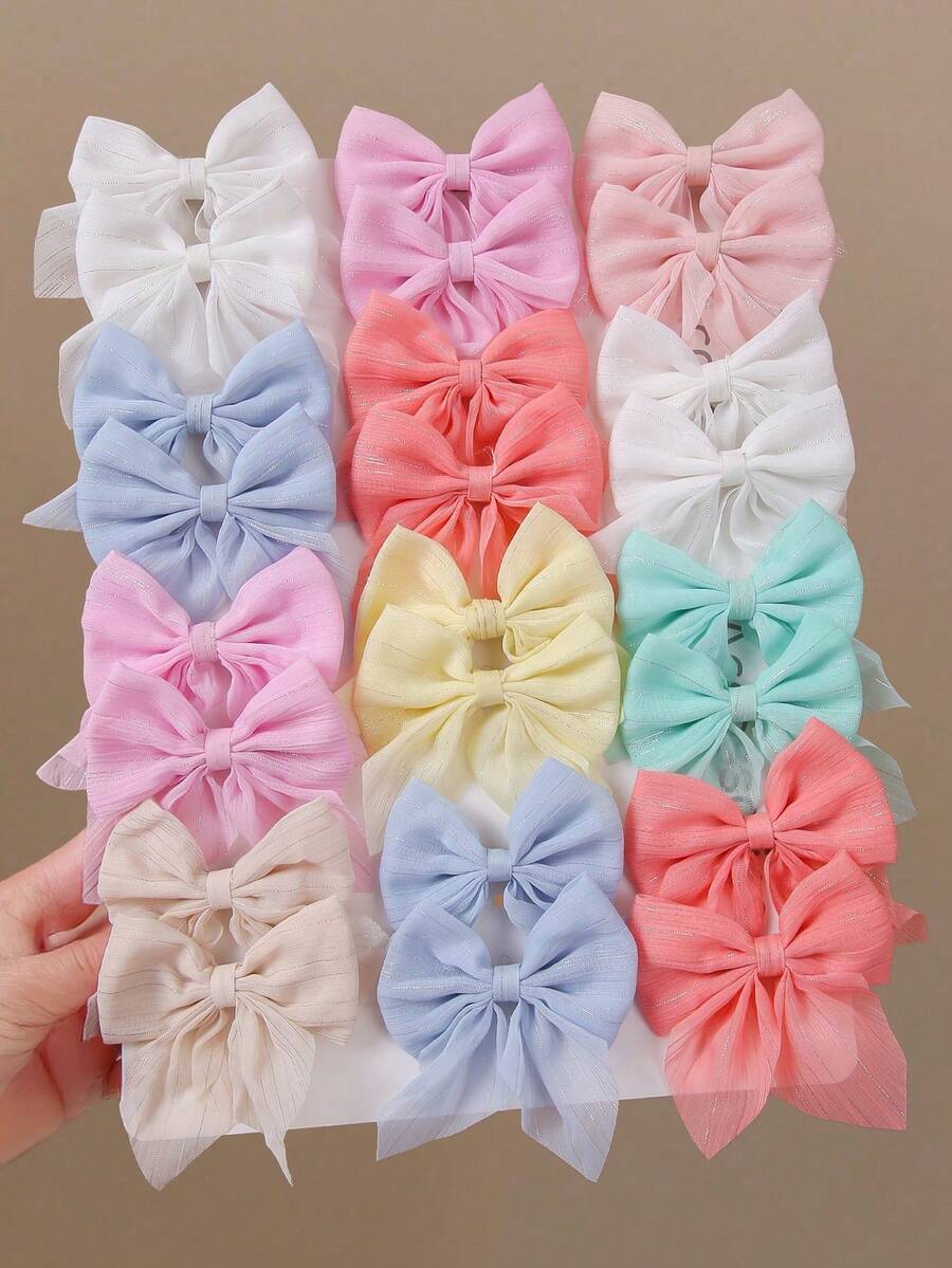 20Pcs Girls' Multicolor Silver Wire Chiffon Tulle Bowknot Hair Clips, Minimalist Side Bangs Clips, Gentle On Hair, Versatile Barrettes For Daily Use - Multicolor - View 1