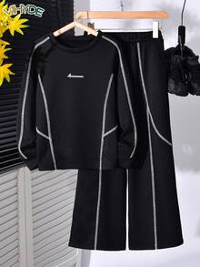 Vihyde Tween Boys Autumn/Winter Black Contrast Stitch Raglan Cool Colorblock Line Crew Neck Sweatshirt & Wide Leg Sweatpants 2 Pieces Set - Black - View 5