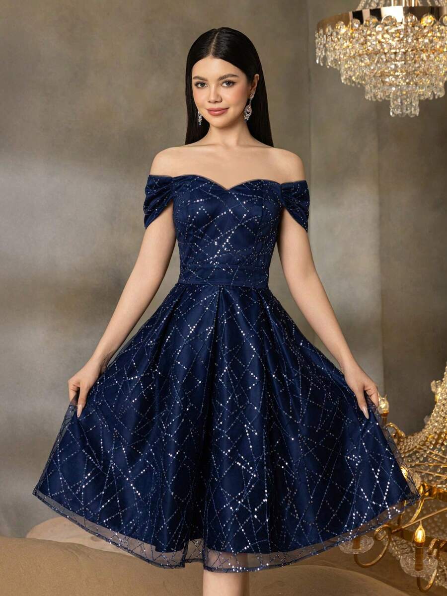 Alisa&Leo Shiny Off-Shoulder Mid-Length Party Dress - Suitable For Summer Galas, Graduation Balls And School Formal Events - Navy Blue - View 1