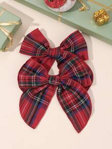 2 piezas Pinza de lazo para el cabello con tela de rejilla, pinzas de cocodrilo a cuadros rojo y azul, elegantes y lindas barretas para uso diario, festival y todas las estaciones, accesorios para el cabello de niños - Multicolor - Ver 2