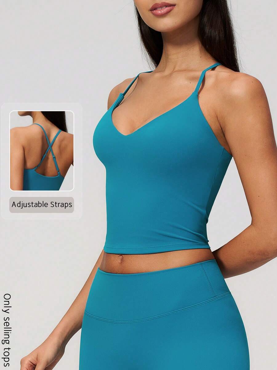 NcmRyu Women's 1pc Solid Color Adjustable Thin Criss-Cross Back Strap V-Neck Waist-Exposing Camisole - Blue - View 1