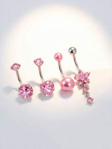 4Pcs CZ Inlaid Belly Ring Set Round Heart Pearl Flower Pendant Stainless Steel Navel Piercing Jewelry Daily Party Festival Wear - 4-piece Set - View 6