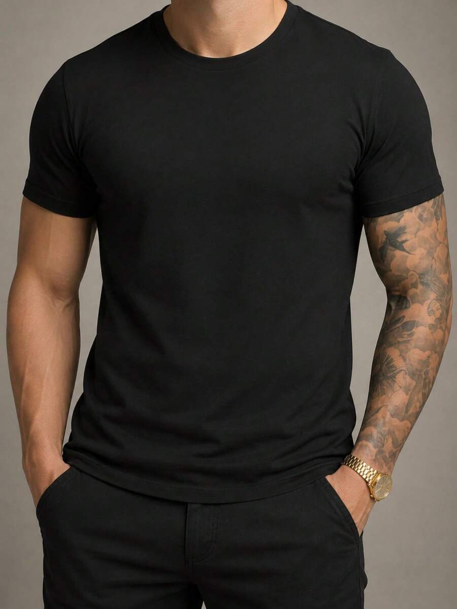 Men's Basic T-Shirt, Plain Cotton, Premium Peruvian Knit - Negro - Ver 1
