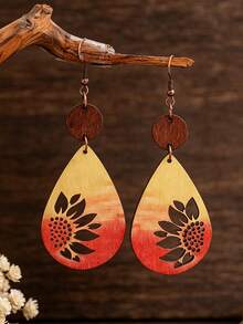 1 Pair Vintage Creative Gradient Colorful Hollow Sunflower Flower Water Drop Patchwork Wooden Earrings - Teardrop Shape - View 7