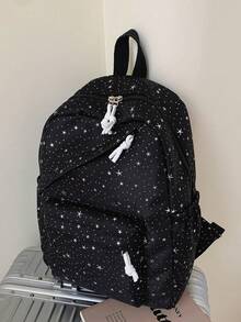1 pieza Mochila de nailon de gran capacidad para estudiantes, mochila minimalista con estrella para estudiantes universitarios, mochila de nailon, mochila de viaje - Negro - Ver 3