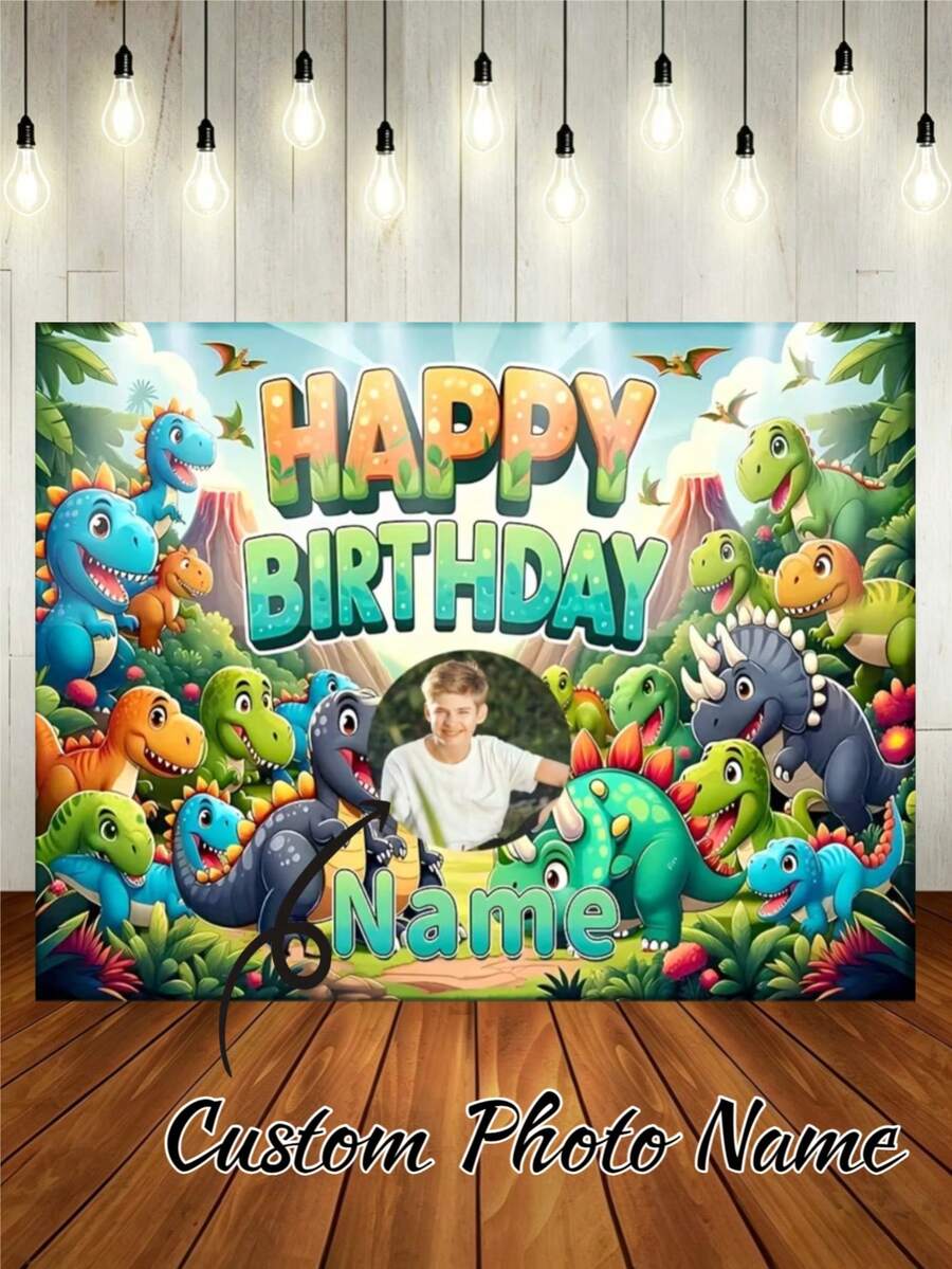 可客製化姓名與照片恐龍主題生日背景布,熱帶叢林探險火山圖案背景,適用恐龍主題生日、嬰兒洗禮、禮物及其他背景裝飾攝影橫幅乙烯基 - 綠色 - 查看 1
