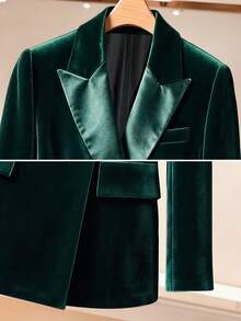 Women's Autumn/Winter Office Daily Holiday Composite Velvet Fabric Solid Color Slim Fit Double-Breasted Long Sleeve Blazer & Flared Pants Set - Dark Green - View 6