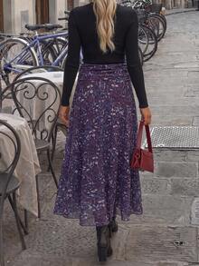 Rok Lipit Kasual Serbaguna untuk Pakaian Sehari-hari dengan Motif Cetak Seluruh Permukaan untuk Wanita - Purple - View 6
