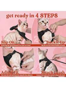 1 Set Cat Harness And Leash, Escape-Proof Soft Adjustable Cat Vest Harness, Easy Control Breathable Reflective Vest - Black - View 10