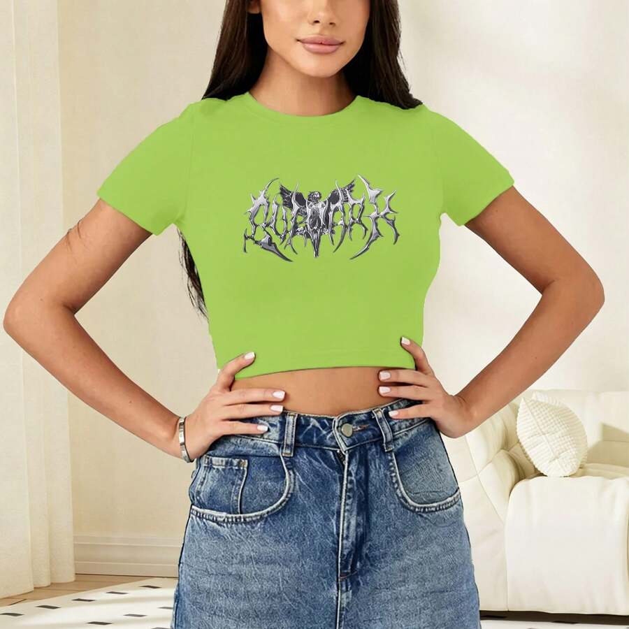 Women'S Slim-Fit Crop Top T-Shirt,Retro Street Style Short Sleeve With Edgy Gothic Lettering Print, Round Neck, Spring/Summer Fashion Statement Piece - 綠色 - 查看 1