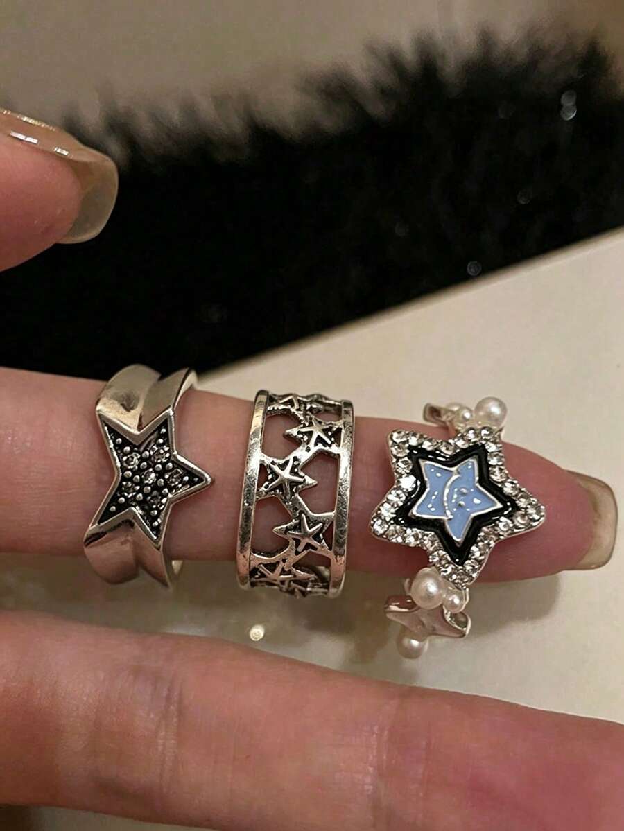 3入組復古星星裝飾開環戒指,適用於女性日常佩戴 - 復古銀色 - 查看 1