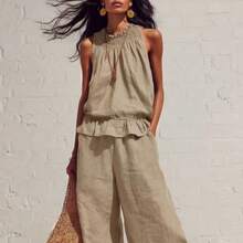 New Summer Casual Linen Two-Piece Women's Sleeveless Ruffled Wide-Legged Pants Suit - 卡其色 - 查看 2