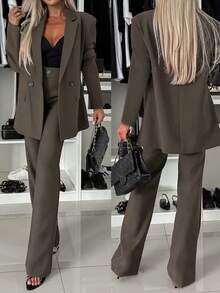 Women's Elegant Double-Breasted Blazer And Pants Suit Set, Suitable For Formal Occasions, Non-Stretch Fabric 2 Pieces Set - Grey - View 1