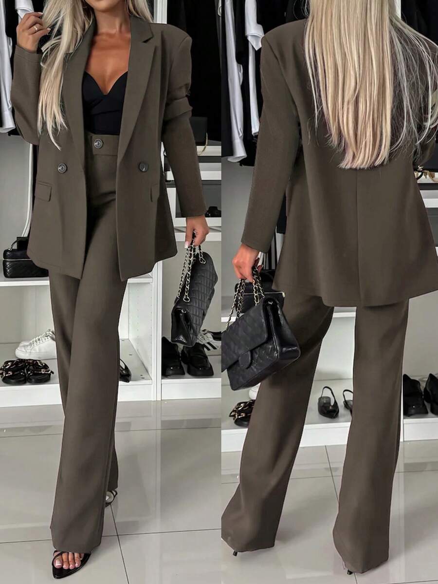 Women's Elegant Double-Breasted Blazer And Pants Suit Set, Suitable For Formal Occasions, Non-Stretch Fabric 2 Pieces Set - Grey - View 1
