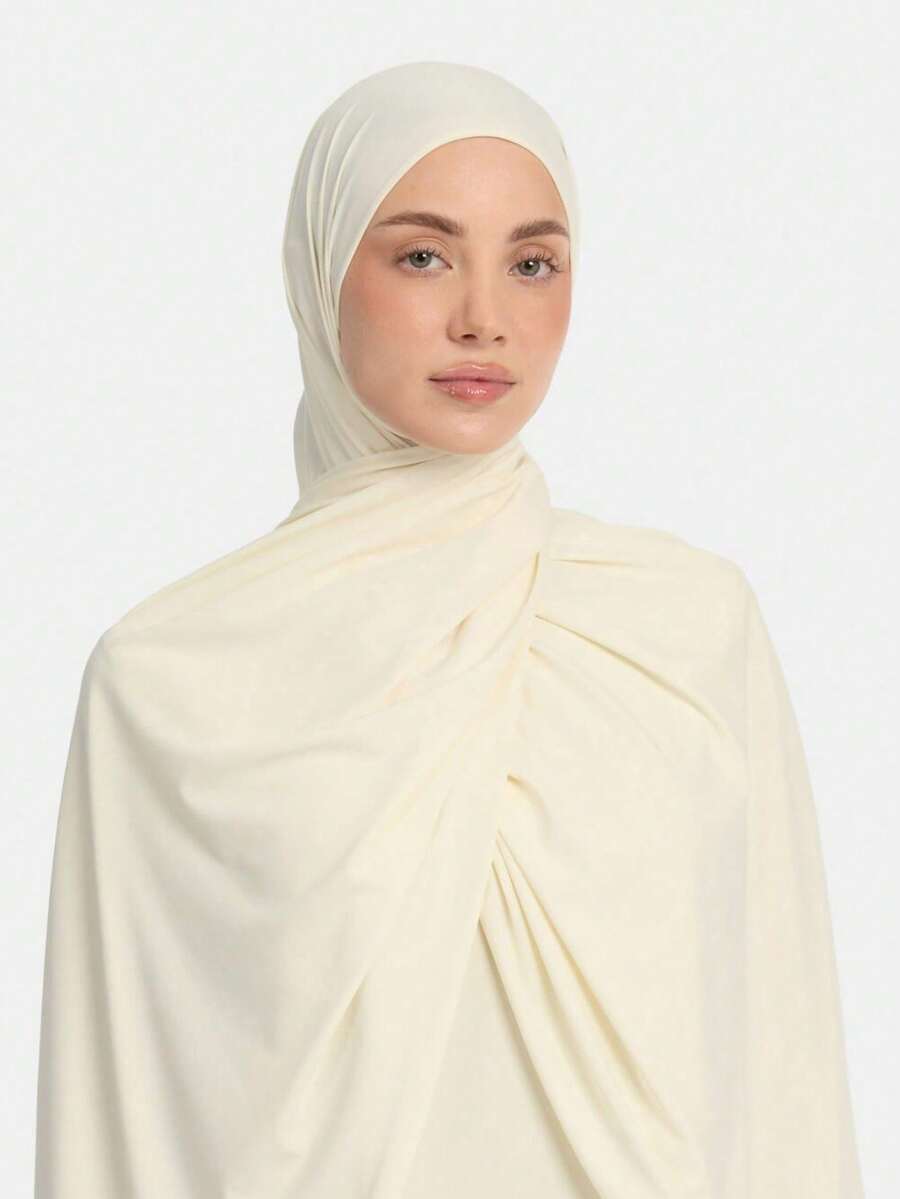 1 Piece Simple Quick Solid Color Hijab For Women, Muslim Soft Elastic Knit, Lightweight Breathable Islamic Elegant Khimar, Daily Prayer Wear - Light Apricot Color - View 1