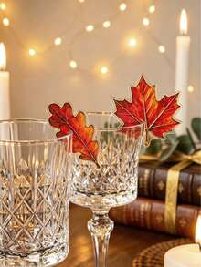 1pc/6pcs Autumn Maple Leaf & Oak Leaf Acrylic Drink Cup Tags, Thanksgiving Cup Identification Charms, Farmhouse Harvest Table Decor, Reusable Cup Labels, Halloween Holiday Dinner Tabletop Decorations, Vintage Leaf Party Table Decor Gifts - Multicolor - View 4