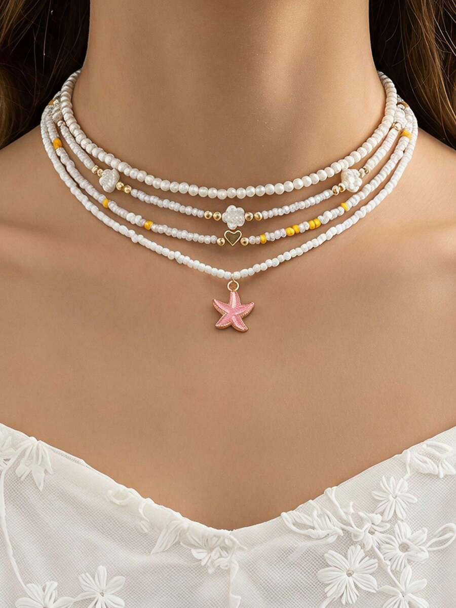 4pcs/Set Girls Rice Bead Pearl Heart & Starfish Necklace Set, Suitable For Daily Decoration - White - View 1