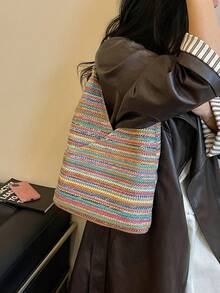 1件女款素色草編編織單肩包，大容量時尚度假包，適合通勤、購物與假日使用 - 彩色 - 查看 6