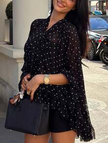 VIBEWAVE French Style Black Polka Dot Bow Collar Sheer Chiffon Blouse Women Multi-Layer Ruffle Flare Long Sleeve Top - Black - View 8