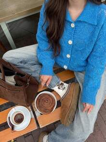 Women's Blue Fuzzy Knit Cardigan, Collared Button Front Long Sleeve Sweater, Relaxed Fit Cropped Length, Cozy Casual Layer For Fall Winter - Blue - View 3