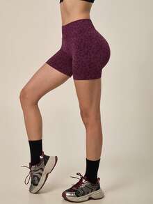 TimeOff 1 pieza Shorts deportivos de cintura alta con estampado de leopardo, sin costuras, con pliegues en los glúteos y cintura acanalada para mujer - Morado - Ver 9