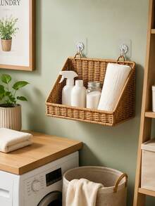 1pc Bathroom Storage Rack Decorative Storage Shelf Woven Bamboo Hanging Storage Basket Bathroom Accessories Kitchen Storage Wall-Mounted Toiletries Storage Basket - Multicolor - View 1