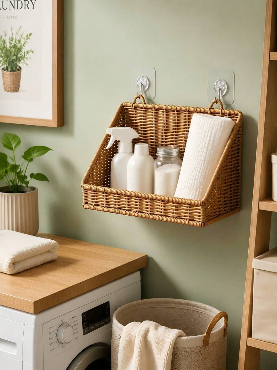1pc Bathroom Storage Rack Decorative Storage Shelf Woven Bamboo Hanging Storage Basket Bathroom Accessories Kitchen Storage Wall-Mounted Toiletries Storage Basket - Multicolor - View 1