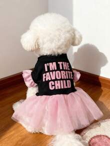 LUCKIE PAL 1件 IM THE FAVOURITE CHILD 字母印花飛袖薄紗洋裝，適用於吉娃娃小型犬，婚禮季節寵物服飾，適合貓狗室內外穿著 - 彩色 - 查看 2