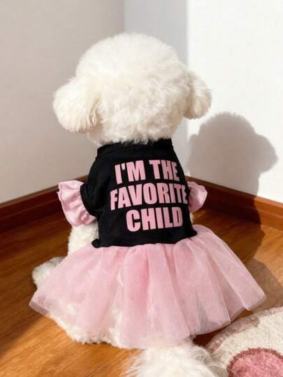 LUCKIE PAL 1件 IM THE FAVOURITE CHILD 字母印花飛袖薄紗洋裝，適用於吉娃娃小型犬，婚禮季節寵物服飾，適合貓狗室內外穿著