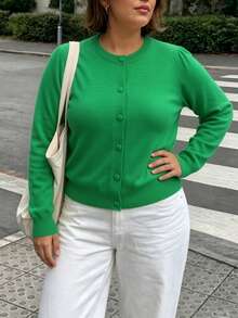 GIGOGOU 大尺碼 1XL-4XL 秋冬基礎款女式針織開襟衫，柔軟舒適休閒長袖毛衣上衣，秋季外套 - 綠色 - 查看 3