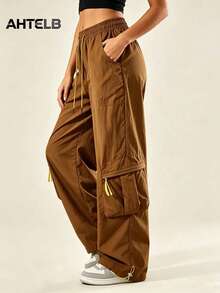 AHTELB Women's Spring/Autumn Outdoor Sports Cargo Pants, And Practical Fall - Brown - View 3