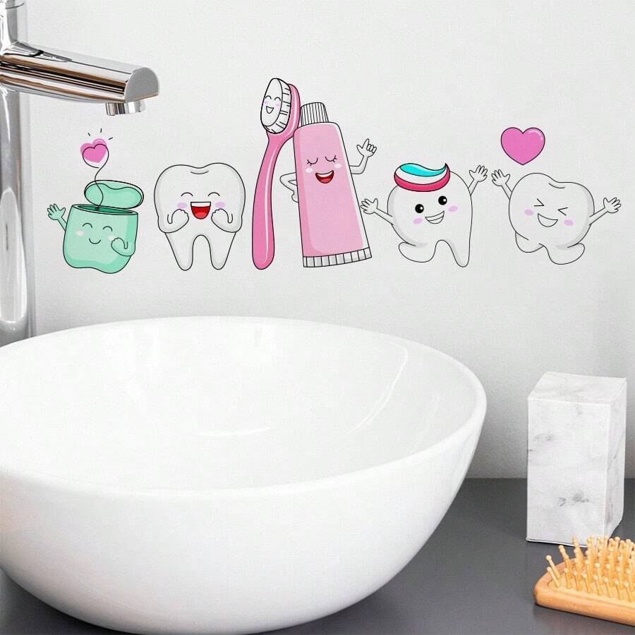 1pc Dental Health Wall Sticker, Featuring Cute Tooth Characters, Toothbrush And Floss Patterns, Removable Peel And Stick Decorative Decal, Suitable For Bathroom Vanity Area Decoration, Oral Care Themed Art - Multicolor - View 1